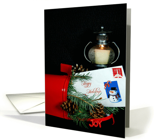 Christmas red mailbox with candle, pine and envelope card (297349)