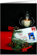 Christmas red mailbox with candle, pine and envelope card