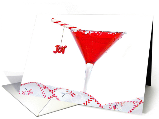 Christmas cocktail with candy cane and ornament isolated on white card