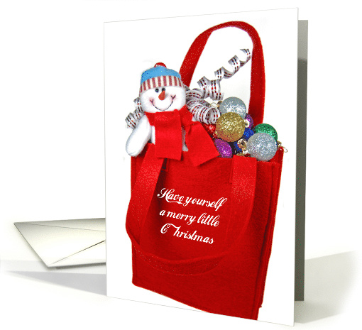 Christmas snowman and ornaments in red sack card (307045)