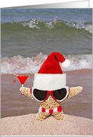 Christmas Santa starfish with bikini and sunglasses on seashore card