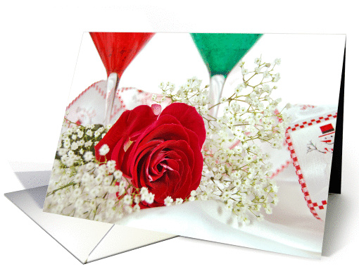 Christmas red rose with green and red cocktail glasses card (309693)