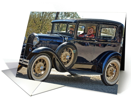Anniversary for spouse-happy senior couple in vintage car card