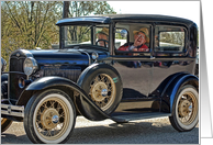 Anniversary for spouse-happy senior couple in vintage car card
