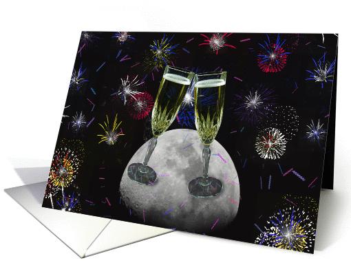 Happy New Year-champagne flutes with fireworks and full moon card