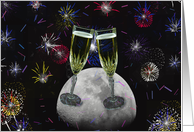 Happy New Year-champagne flutes with fireworks and full moon card