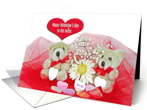 Valentine Teddy Bear Twins with Daisy and Candy Hearts card (350630)