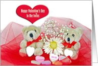 Valentine Teddy Bear Twins with Daisy and Candy Hearts card