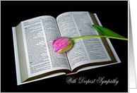 Sympathy pink tulip on open Holy Bible card
