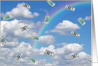 Good Luck, money floating in the sky with rainbow card