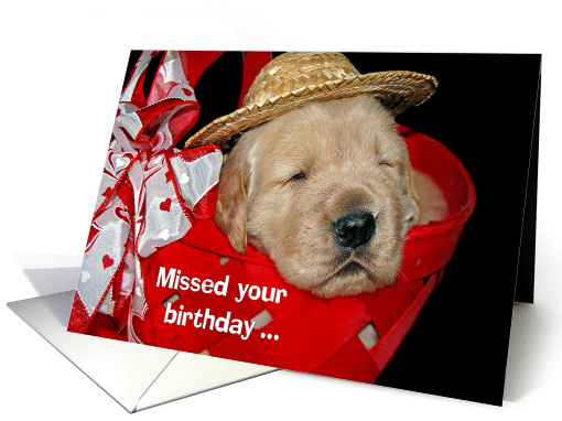 Belated birthday-golden retriever puppy with hat in red basket card