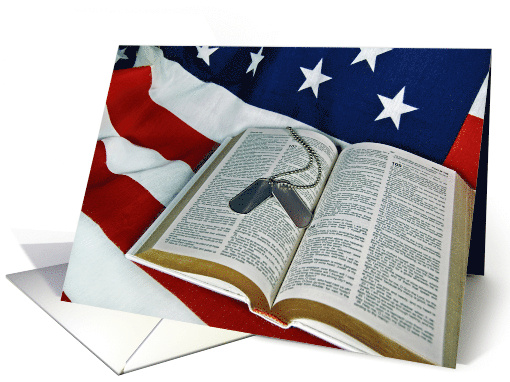 4th of July Military Dog Tags On Open Bible and Flag card (373126)
