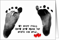 New Baby congratulations, baby footprints on white with red hearts card