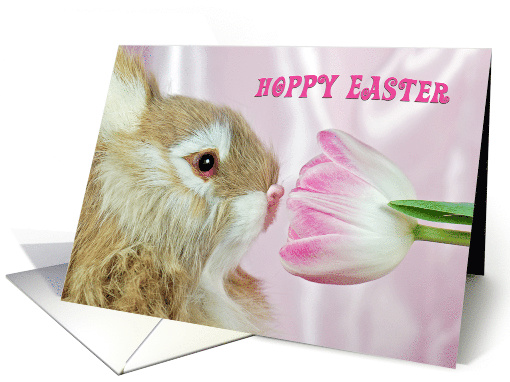 Easter, bunny smelling pink tulip card (389746)