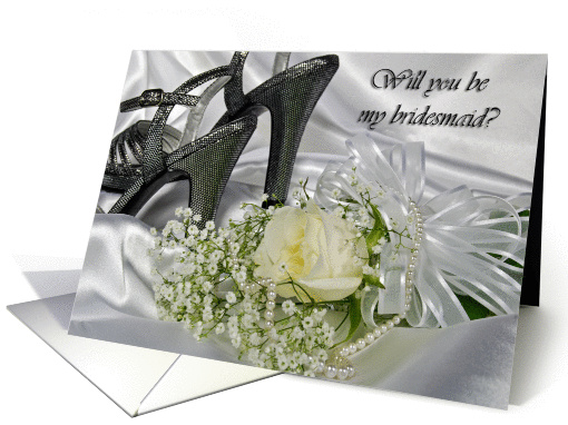 Bridesmaid request-silver shoes and rose bouquet on white satin card