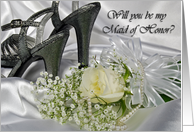 Maid Of Honor request-silver sandals and rose bouquet on satin card