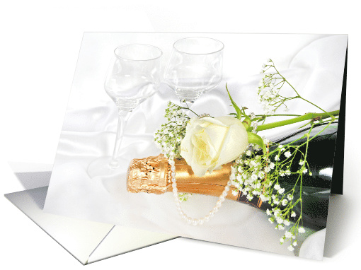 Wedding Congratulations white rose and pearls on champagne bottle card
