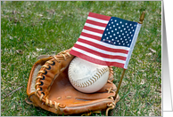 Birthday baseball in glove with American flag card