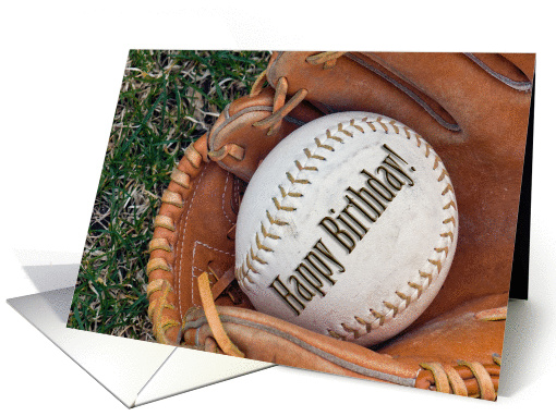 Birthday baseball in glove on grass card (418870)