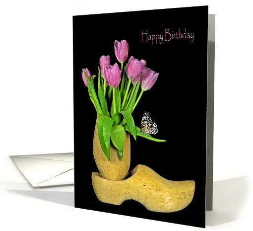 Birthday tulip bouquet with butterfly in Dutch wooden shoes card