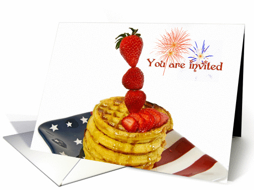 Patriotic Breakfast Invitation with waffles on flag plate card
