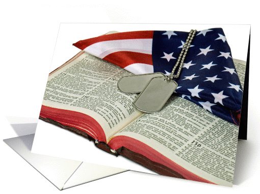 military dog tags on Holy Bible with flag for Veterans Day card