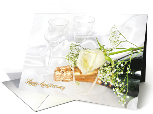 Happy Anniversary champagne bottle with white rose and pearls card
