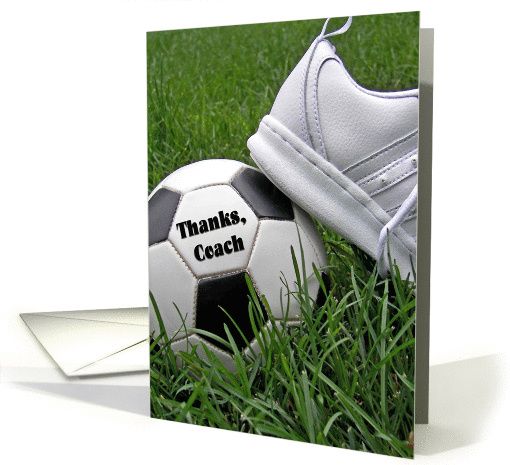 Thank You to soccer coach-soccer ball with shoe in grass card (433980)