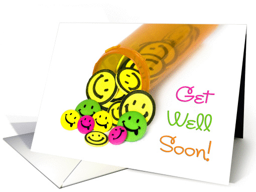 Get well soon smiling pills spilling out of bottle card (434484)