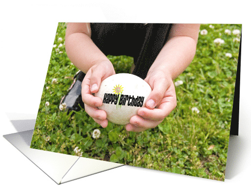 Little Girl Holding A Goose Egg With Happy Birthday Text card (437796)