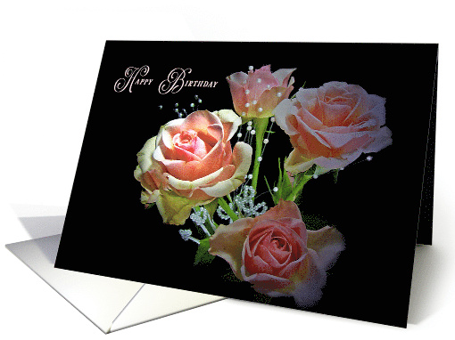 Illuminated Peach Rose Bouquet with Pearls on Black for Birthday card