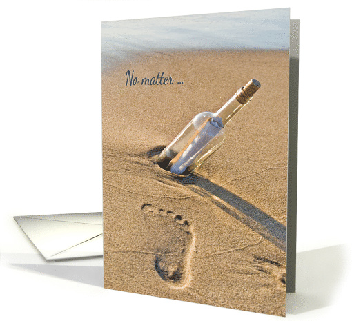 footprint in sand with message in a bottle for romance card (454919)