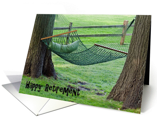 Retirement-hammock with green pillow and oak trees card (458064)