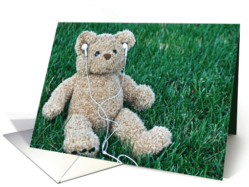 Birthday teddy bear on grass with ear phones card (463625)