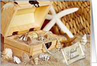 For a friend wooden treasure chest with seashells and pearls in sand card