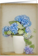 Birthday hydrangeas and Queen Anne’s Lace in vase with texture overlay card