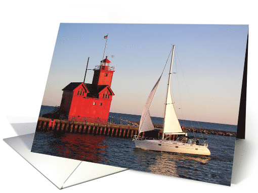 Birthday Big Red Michigan lighthouse and sailboat in... (467564)