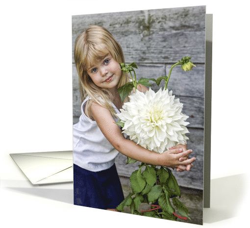 Birthday little girl hugging a giant white dahlia card (471208)