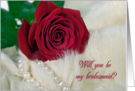 Bridesmaid request for Christmas wedding-red rose and pearls in fur card