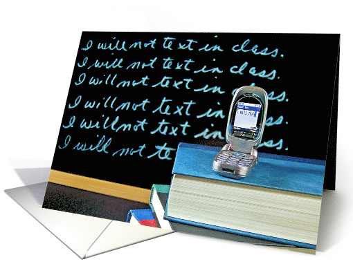 Writing Lines On Black Chalkboard With Cell Phone On Books card