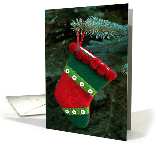 Christmas-single stocking hanging from pine tree card (495114)