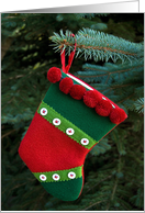 Christmas-single stocking hanging from pine tree card