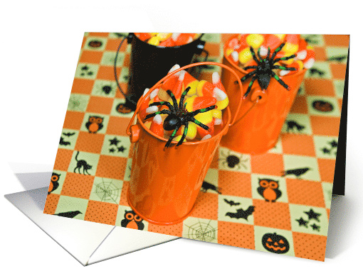 Halloween candy corn in pail with black spider card (500464)