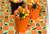 Halloween candy corn in pail with black spider card