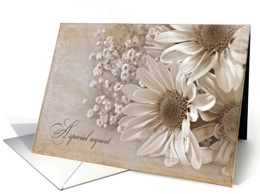 Bridesmaid request with daisy bouquet in sepia tones and texture card