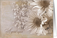 Bridesmaid request with daisy bouquet in sepia tones and texture card