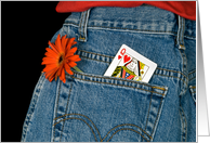Romance-Queen of Hearts and daisy in blue jean pocket card