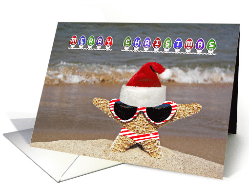 tropical starfish on beach with Christmas Santa hat card (508642)