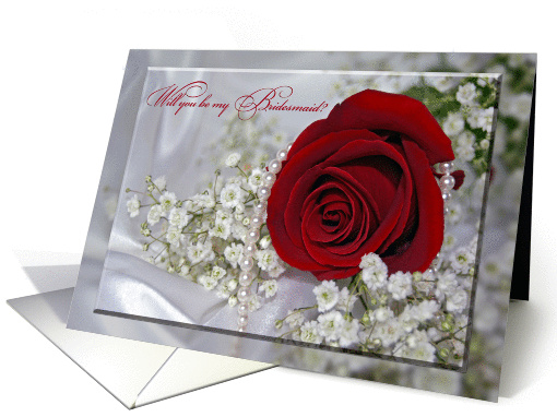 Bridesmaid request-red rose with pearls on satin card (511198)
