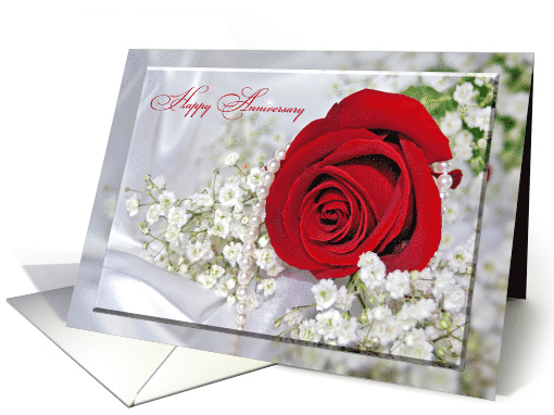 Red Rose and Pearls On Satin For First Anniversary card (513412)